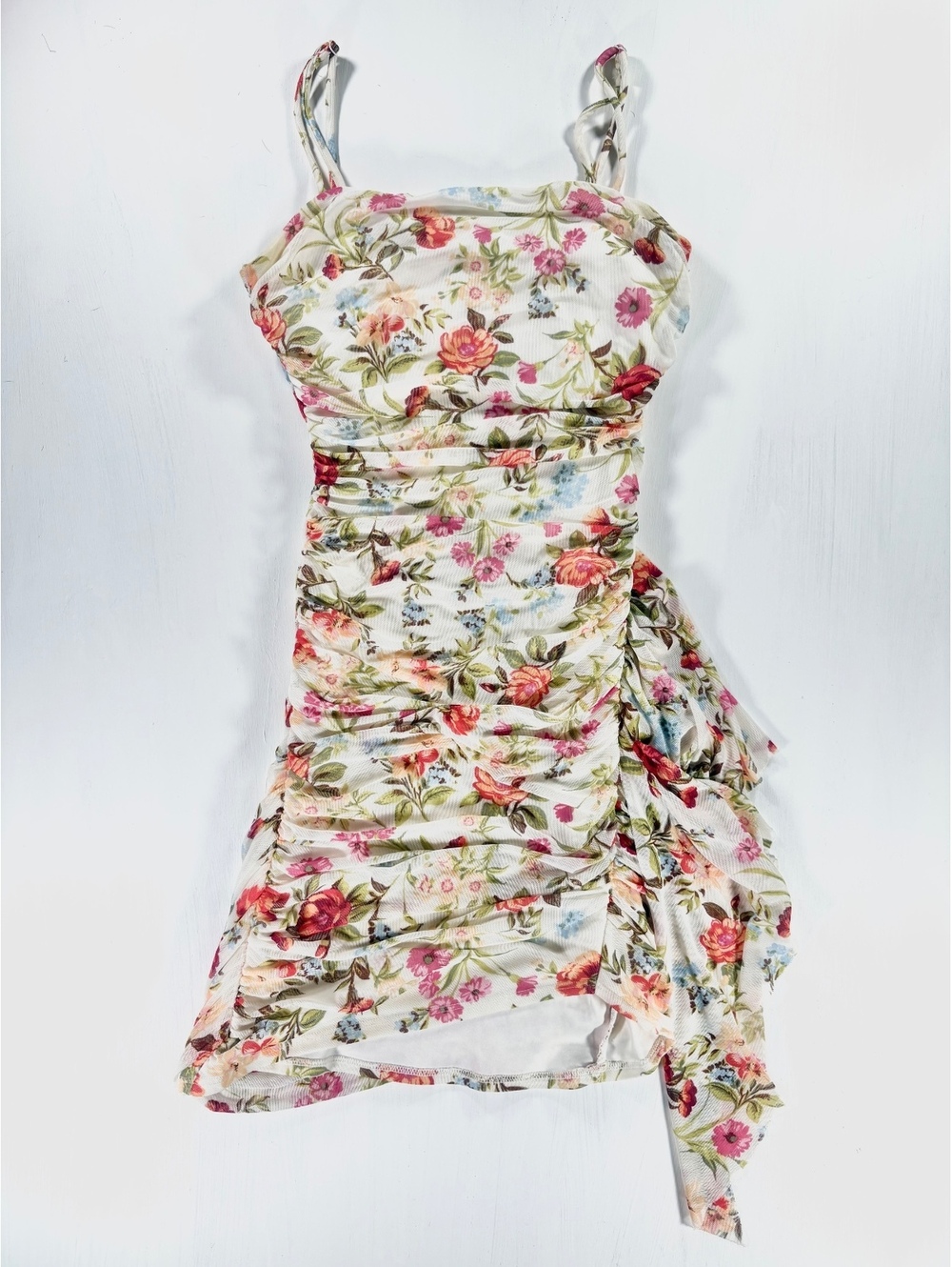 City Studio Floral Mesh Ruched Bodycon Mini Dress Size 3/4